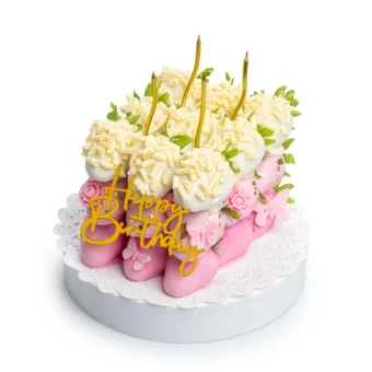 Pink Chocolate-Covered Strawberry Cake – Elegant Birthday Fruit Arrangement
