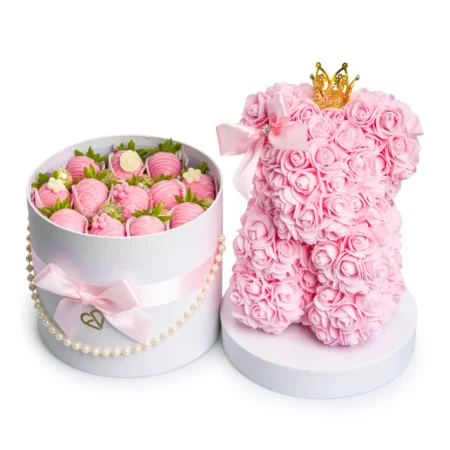 Pink Teddy Bear with Chocolate-Covered Strawberries – Romantic Gift Arrangement