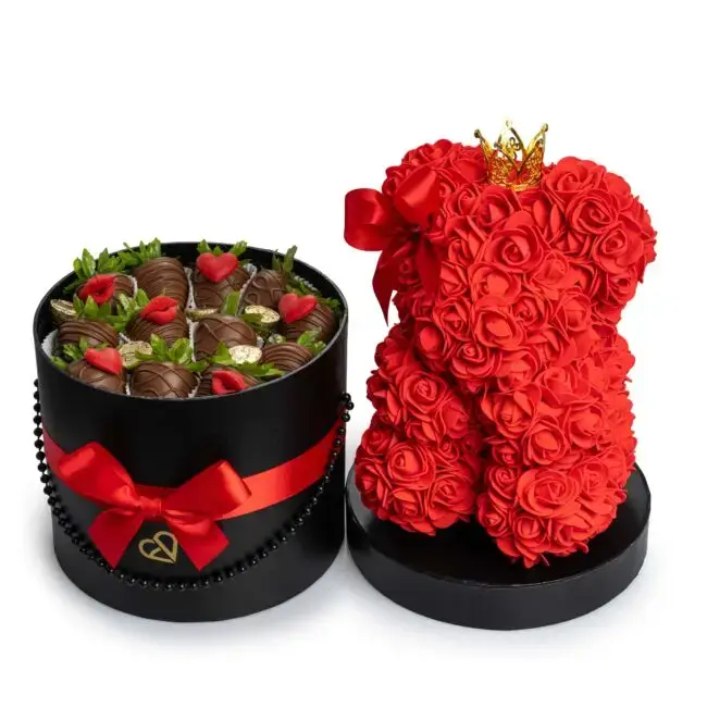Red Teddy Bear with Chocolate-Covered Strawberries – Romantic Gift Arrangement