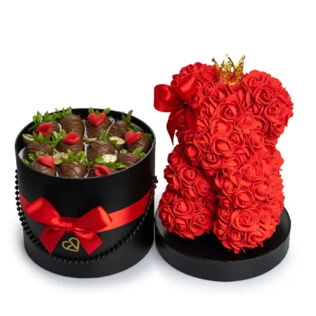 Red Teddy Bear with Chocolate-Covered Strawberries – Romantic Gift Arrangement