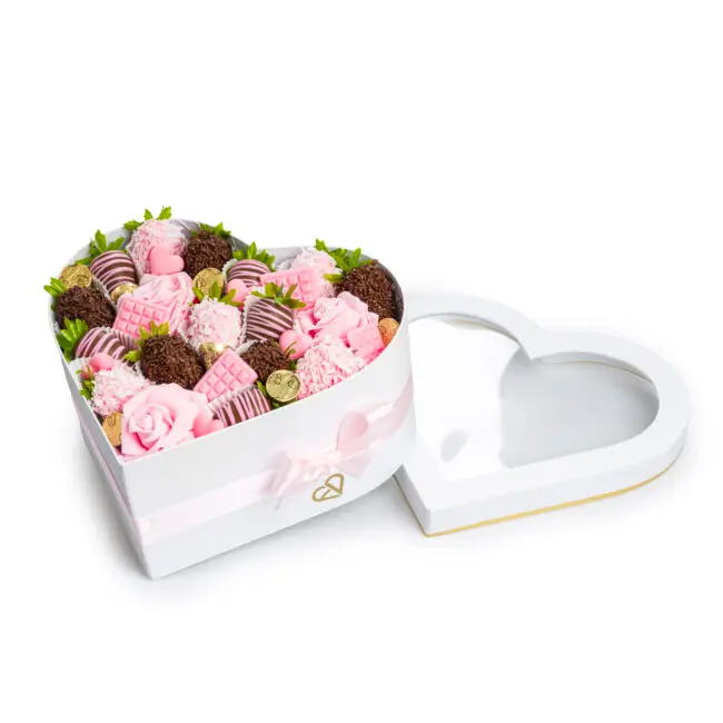 Pink Heart Box with Chocolate-Covered Strawberries and Roses – Romantic Gift for Her