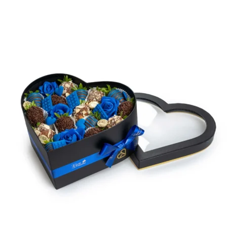 Blue Heart Box with Chocolate-Covered Strawberries and Roses – Luxury Gift for Him