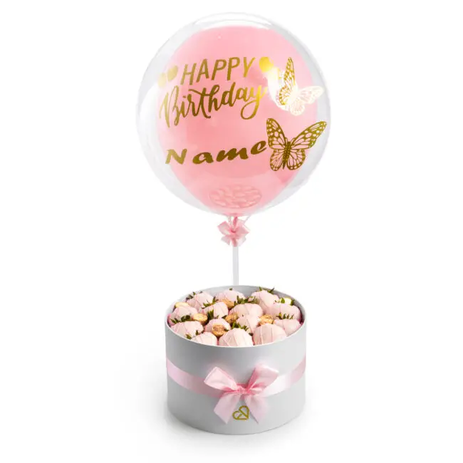 Pink Chocolate Gift Box with Strawberries and Balloon – Sweet Romantic Surprise