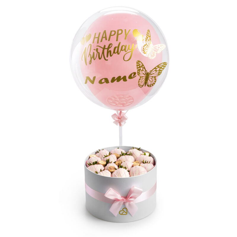 Pink Chocolate Gift Box with Strawberries and Balloon – Sweet Romantic Surprise