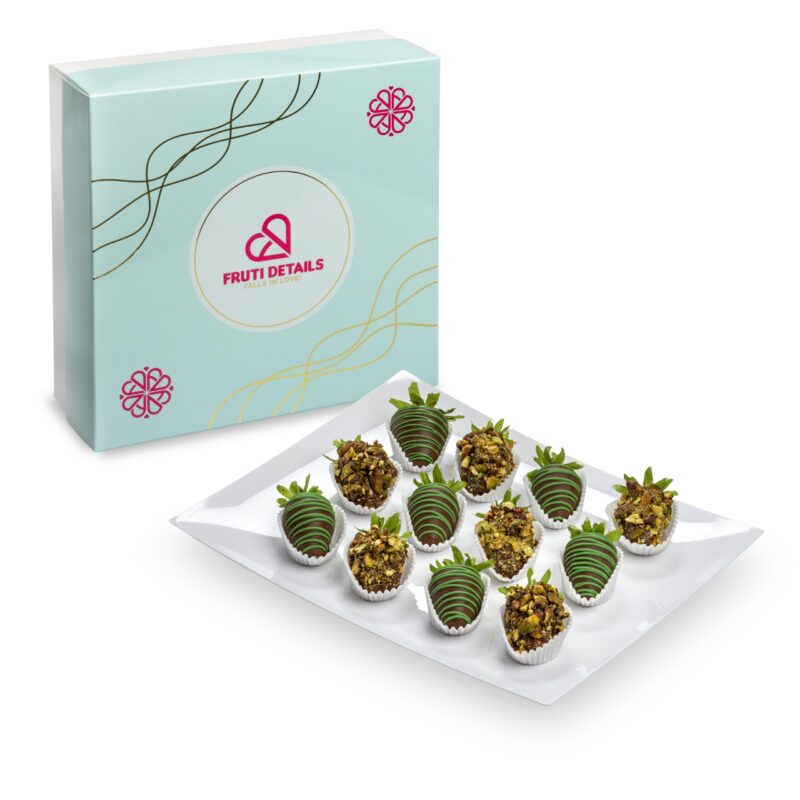 Box of 12 chocolate-covered strawberries topped with crushed pistachios — elegant gourmet gift by Frutidetails Miami.