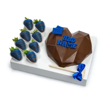 Blue Breakable Chocolate Heart with Chocolate-Covered Strawberries – Birthday Gift for Him