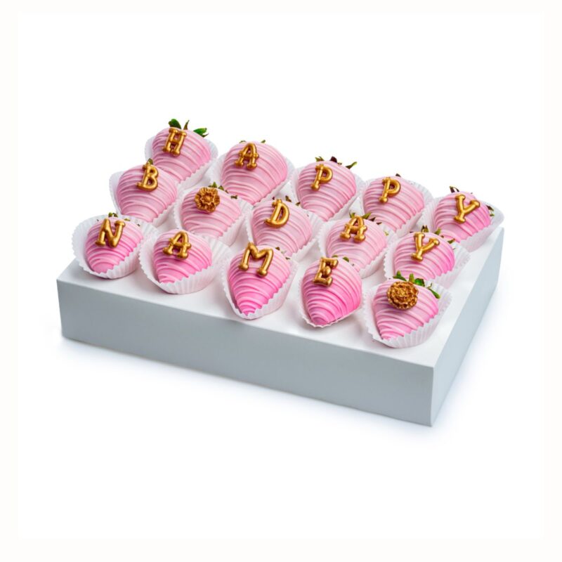 Pink chocolate-covered strawberries spelling HAPPY BDAY NAME in white box – perfect birthday gift for girls in Miami.