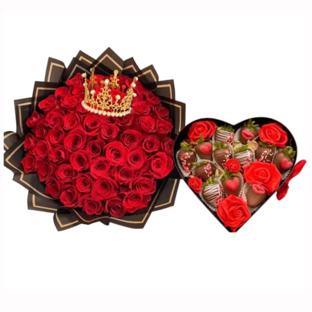 Luxury bouquet of 50 red roses with a chocolate heart filled with chocolate-covered strawberries — romantic premium gift by Frutidetails Miami.