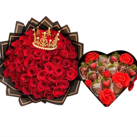 Luxury bouquet of 50 red roses with a chocolate heart filled with chocolate-covered strawberries — romantic premium gift by Frutidetails Miami.