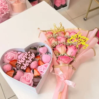 combo birthday 12 pink roses+fresas
