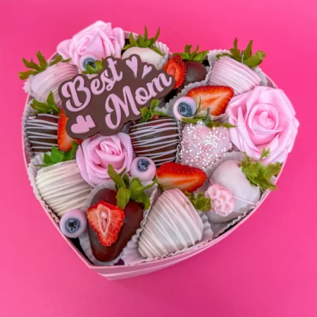 Mother’s Day chocolate heart box with chocolate covered strawberries and roses delivery in Hialeah