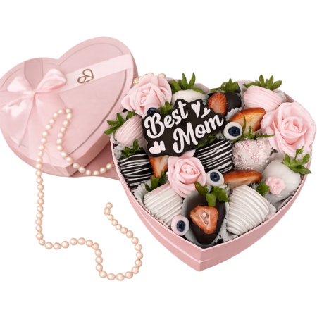 Mother’s Day chocolate heart box with chocolate covered strawberries and roses delivery in Hialeah