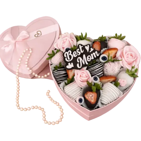 Mother’s Day chocolate heart box with chocolate covered strawberries and roses delivery in Hialeah