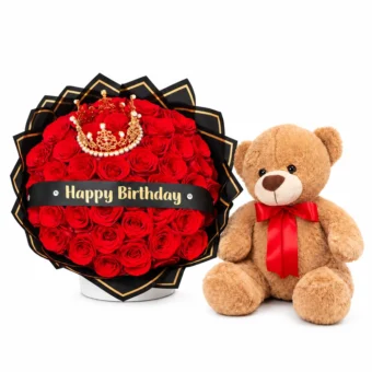 Birthday Duo Red Flowers Bouquet with Teddy Bear