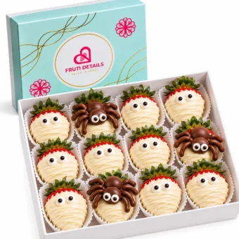 Box of 12 Halloween chocolate covered strawberries decorated as mummies and spiders by Fruti Details in Hialeah FL