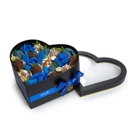Blue Heart Box with Chocolate-Covered Strawberries and Roses – Luxury Gift for Him