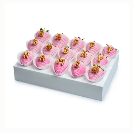 Pink chocolate-covered strawberries spelling HAPPY BDAY NAME in white box – perfect birthday gift for girls in Miami.